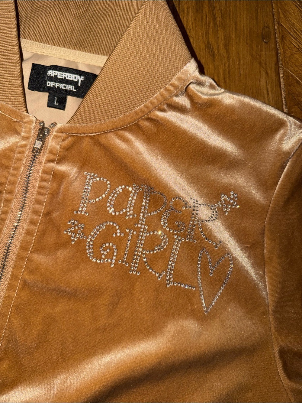 Paperboy Official Velvet "Paper Girl" Rhinestone 2-Piece Set -Size Large - Mocha